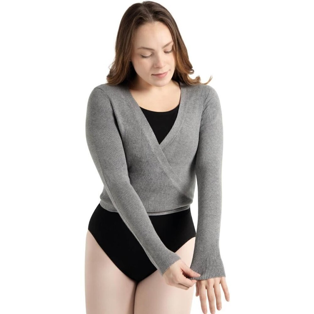 🆕 Capezio Women Grey Knit Long Sleeves V-Neck Self-Tie Hang Dry Wrap Sweater